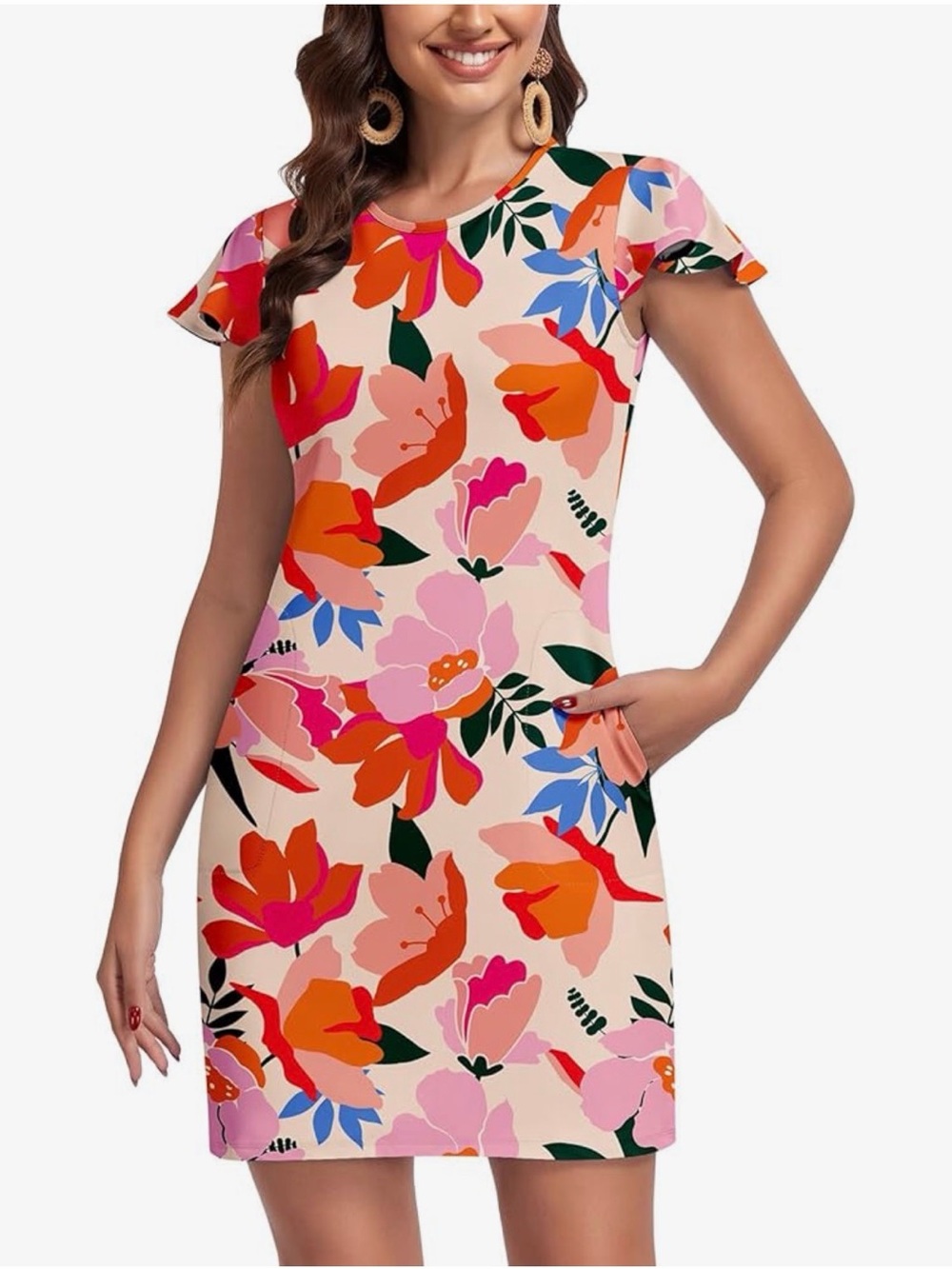 Floral Cap-Sleeve SPF 50 Shift Dress in Peach with Pink & Orange Blooms